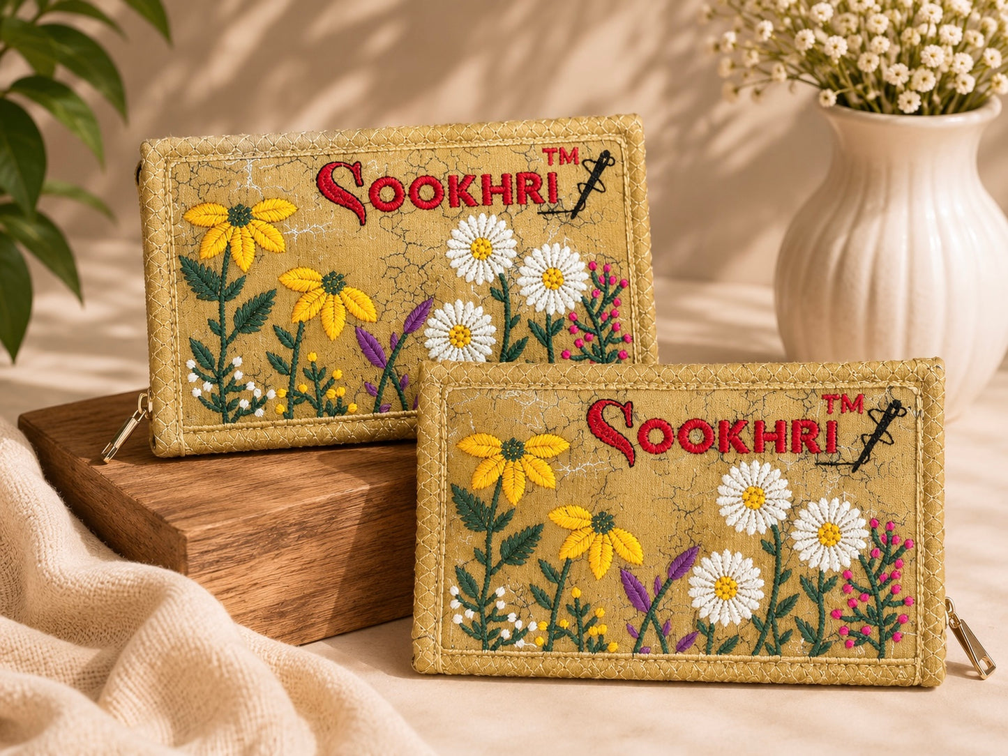 SOOKHRI Embroidered Velvet Clutch – Floral Zipper Wallet (Pair of 2)