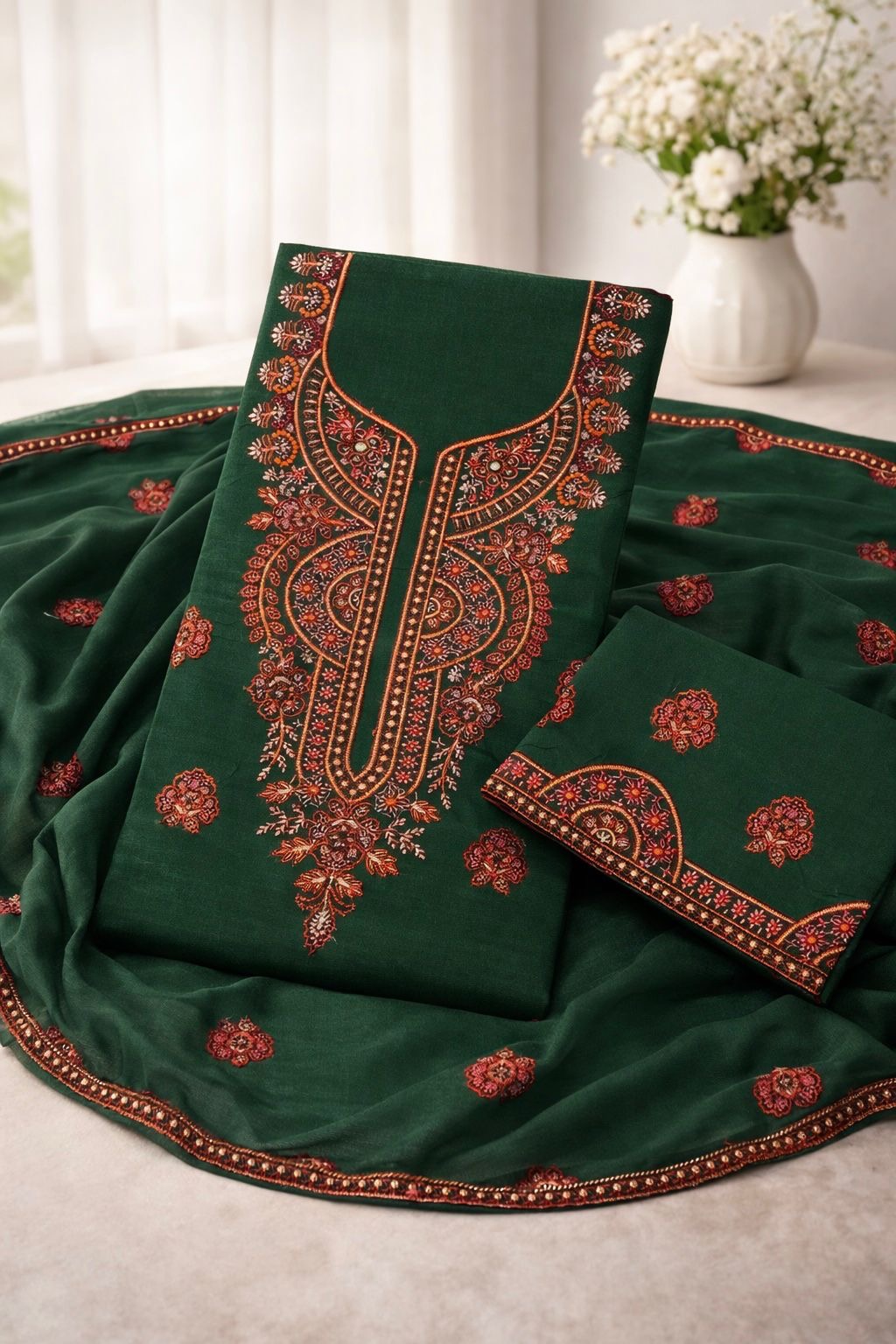 Elegant 3-Piece Kashmiri Computer Embroidery Cotton Fabric With Chiffon Dupatta - 3PC Unstitch Dress 👗