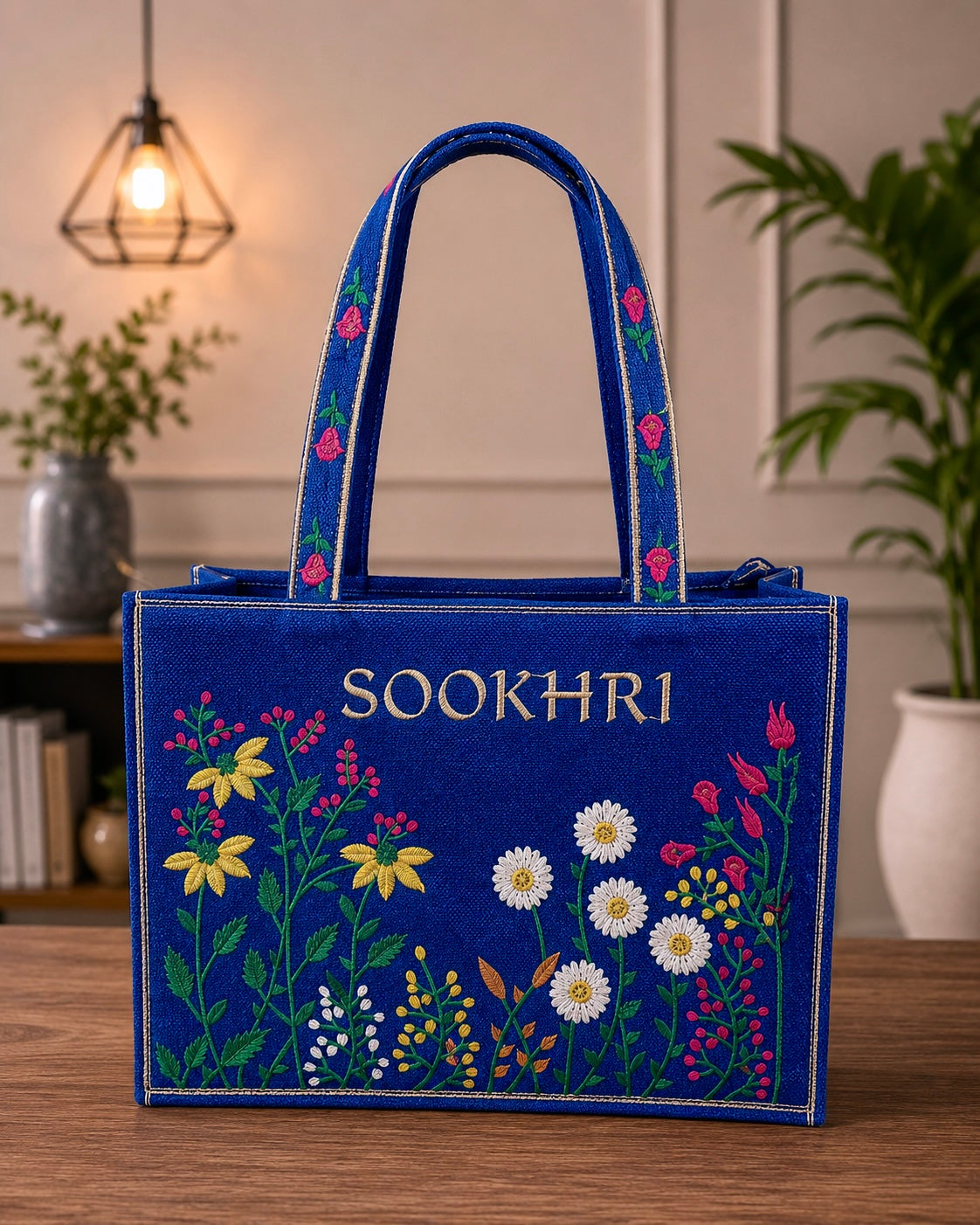 Floral Embroidered Jute Fabric Tote Bag – (14 Inches Length | 11 inches Width)
