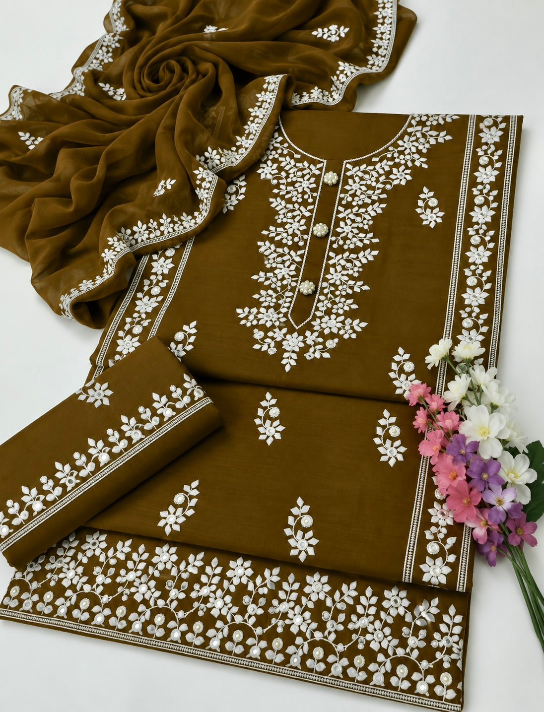 Applic Patti Style Sitara Embroidered Soft Cotton Shirt & Trouser with Chiffon Embroidered Dupatta - 3PC Unstitch Dress 👗