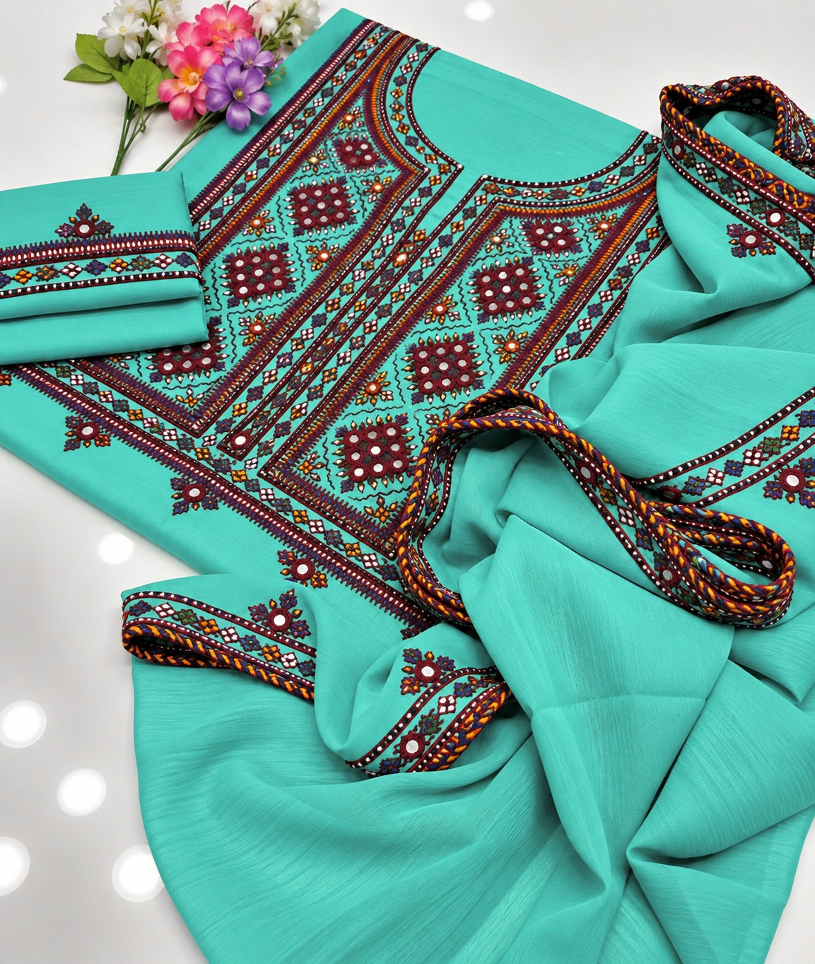 Balochi Handmade Mirror Work Soft Cotton Fabric Shirt & Trouser with Chiffon Dupatta | 3PC Unstitch Dress 👗