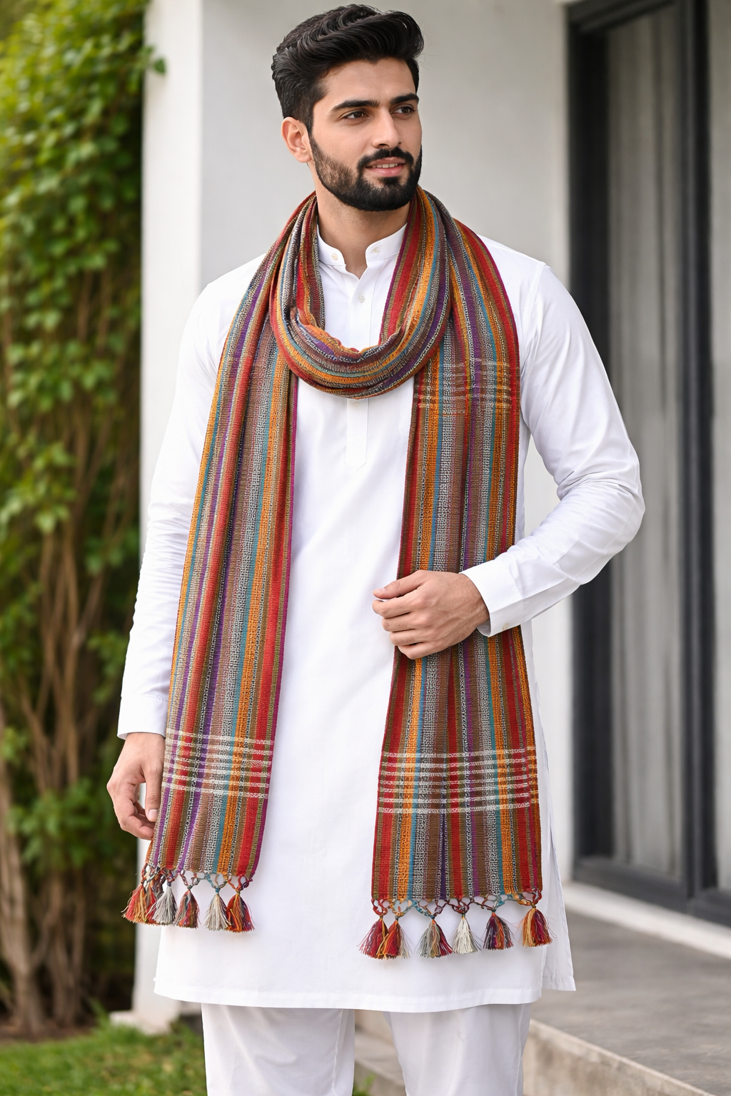 Multicolor Ethnic Groom Lungi Shawl with Tassels (18 x 72 Inches)