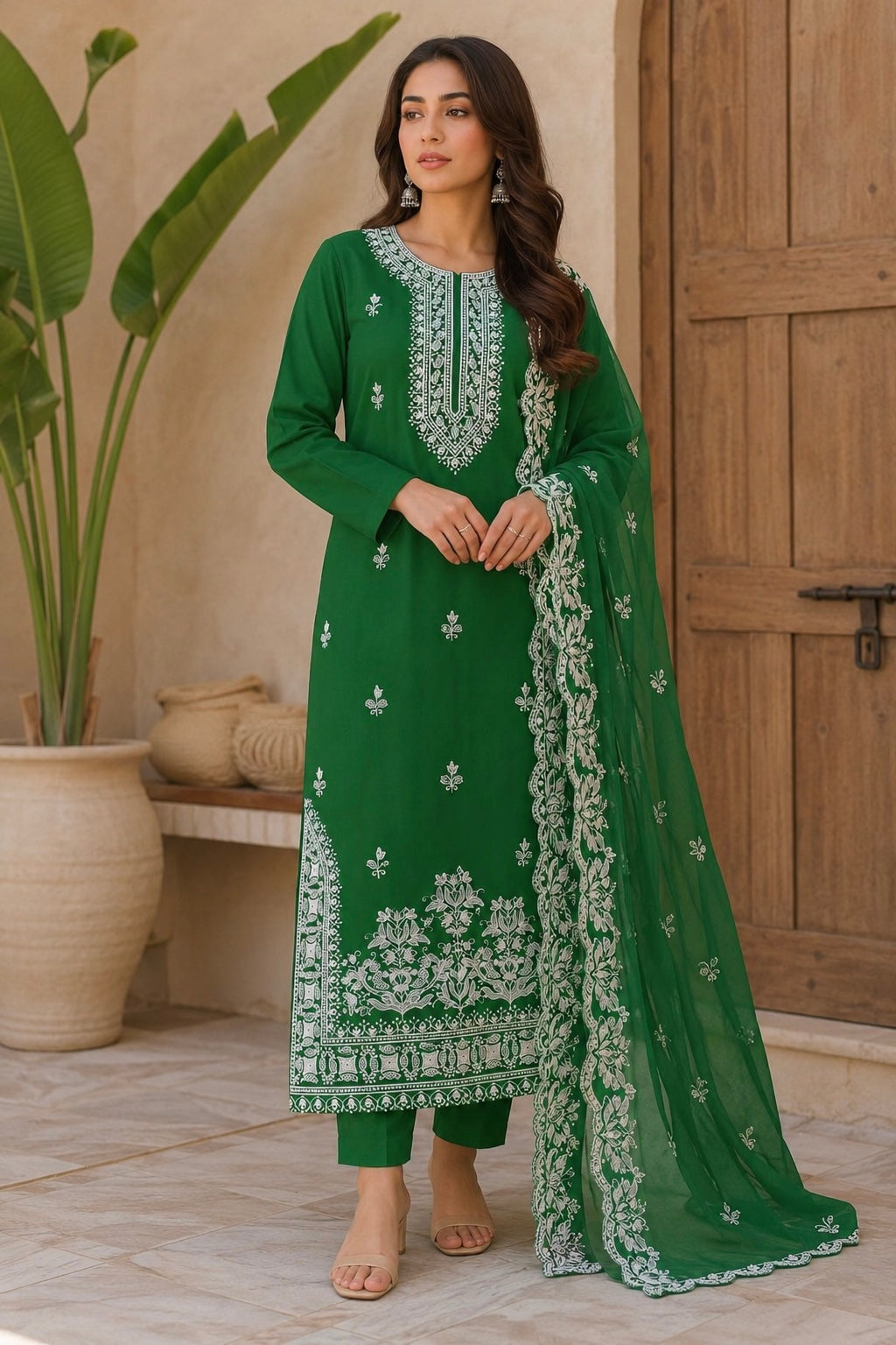 Elegant Computer Embroidered Soft Cotton Shirt & Trouser with Chiffon Cutwork Dupatta - 3PC Unstitched Dress 👗