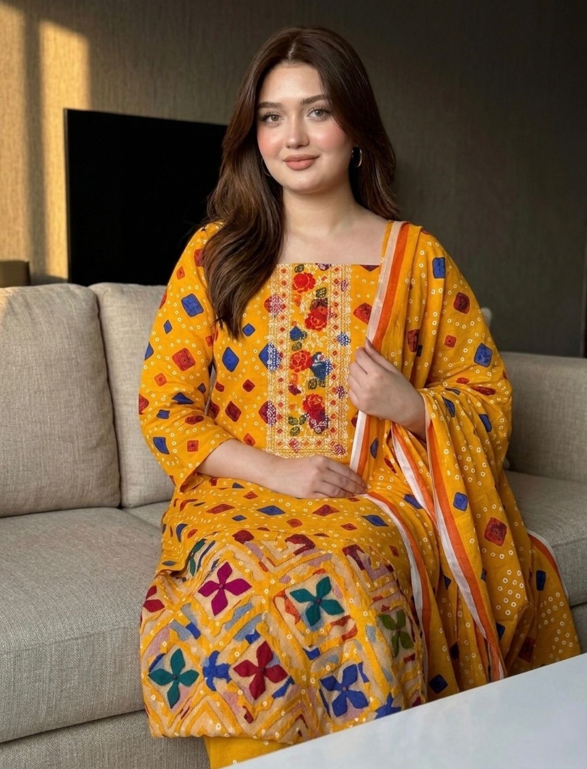 Lawn Chunri Print Cross Stitch Floral Embroidered Neck with Net Multi Applique Handwork Daman - 3PC Unstitch Dress 👗