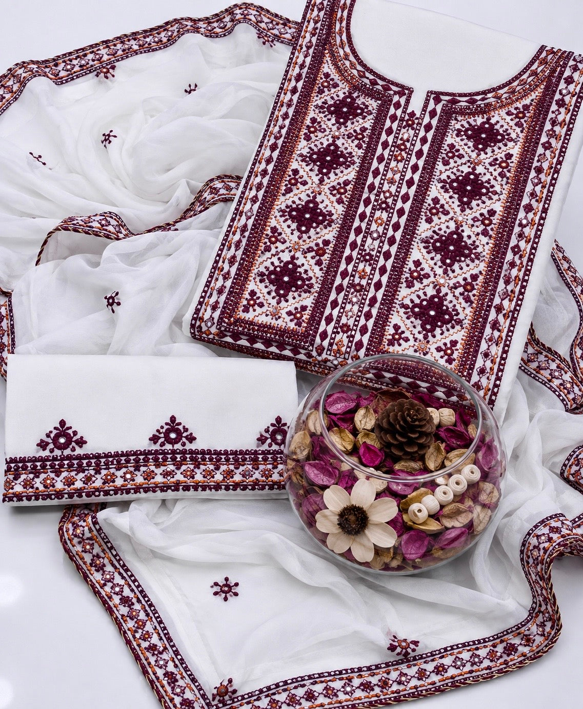Balochi Handmade Mirror Work Soft Cotton Fabric Shirt & Trouser with Chiffon Dupatta | 3PC Unstitch Dress 👗