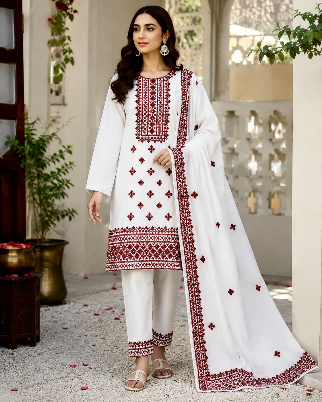 Sindhi Hurmucha Ari Embroidery Lawn Cotton Shirt & Trouser with Four Border Chiffon Dupatta  | 3PC Unstitched Dress 👗