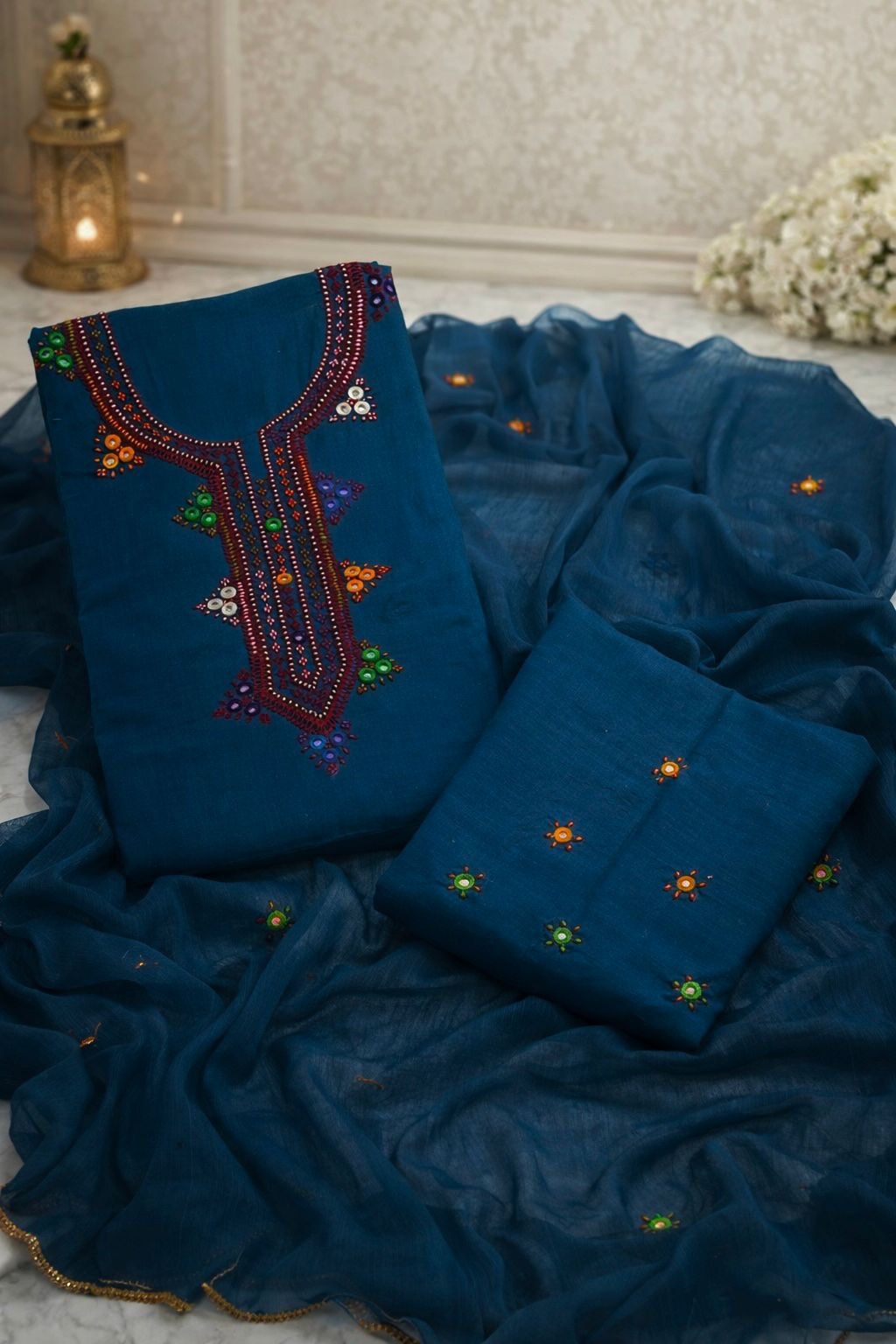 Balochi Gala Handwork 3-Piece Suit | Original Mirror Work | Soft Cotton & Chiffon Dupatta
