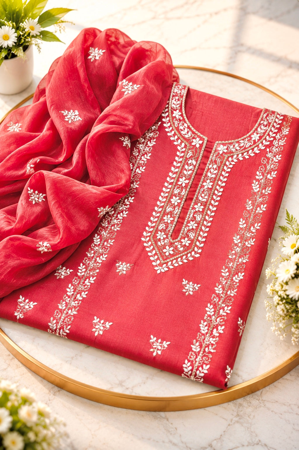 Handmade Applique Leaf, Zari & Pearl Work Lawn Fabric With Chiffon Dupatta 3PC Dress