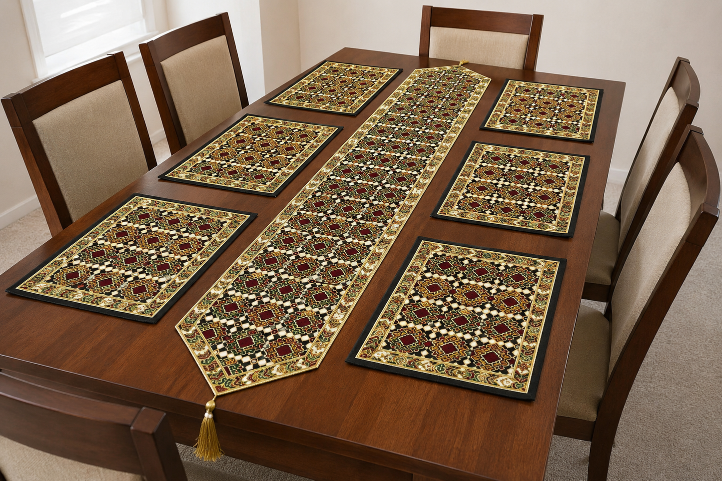 Dinning Table Embroidered Mats With Long Runner 7pc Set