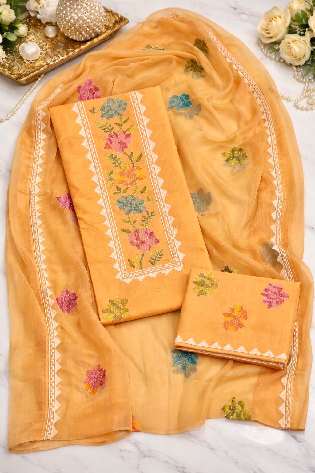 Computer Applic Floral Embroidered Unstitched 3PC Dress