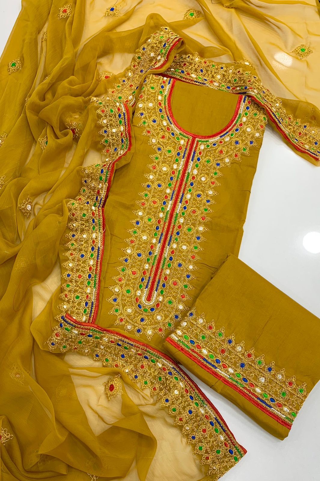 Winter Cotton 3-Piece Suit with Heavy Mukka Machine Work & Chiffon Dupatta