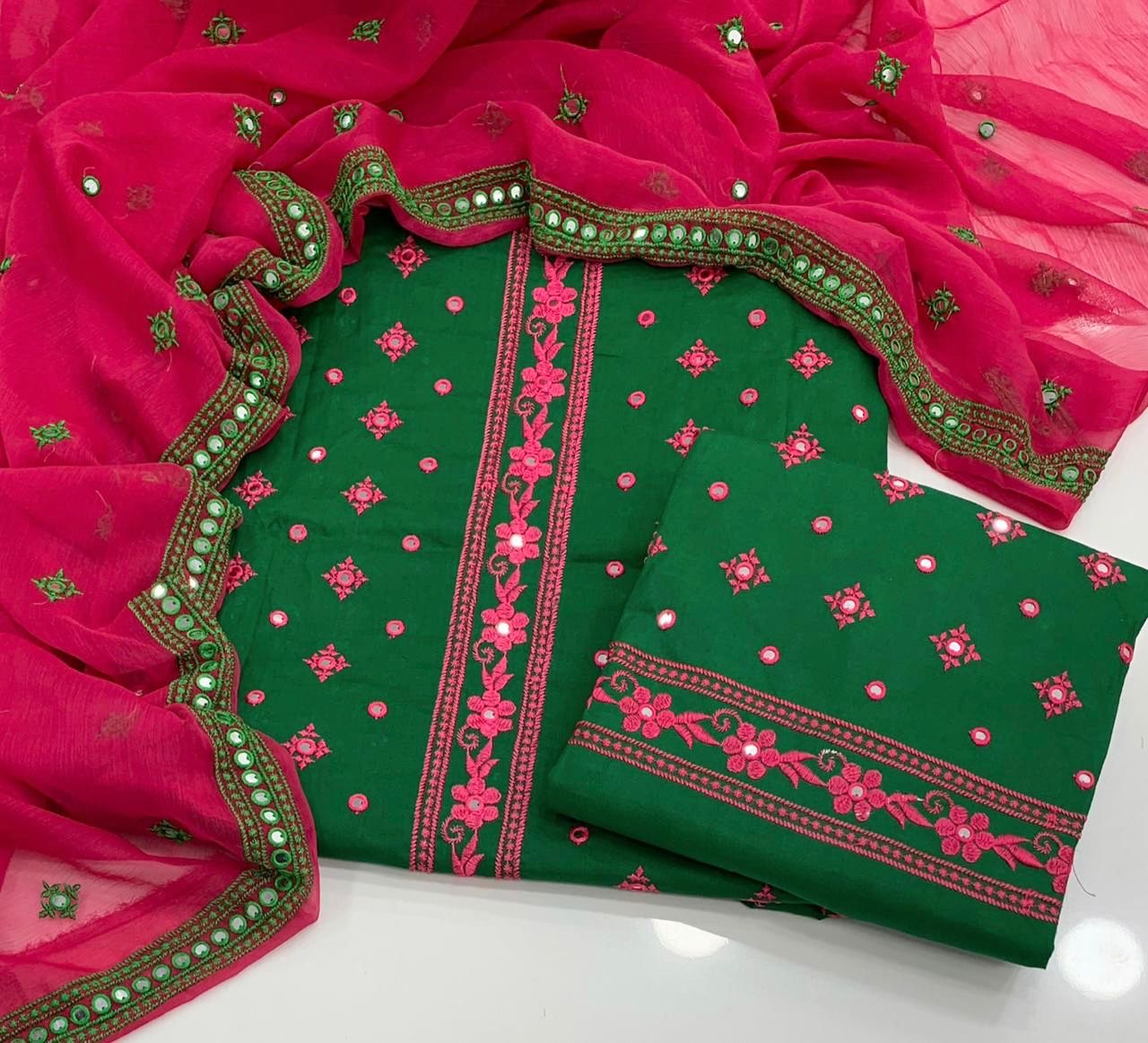 Green Soft Cotton Suit with 9mm Sitara Work & Pink Chiffon Dupatta