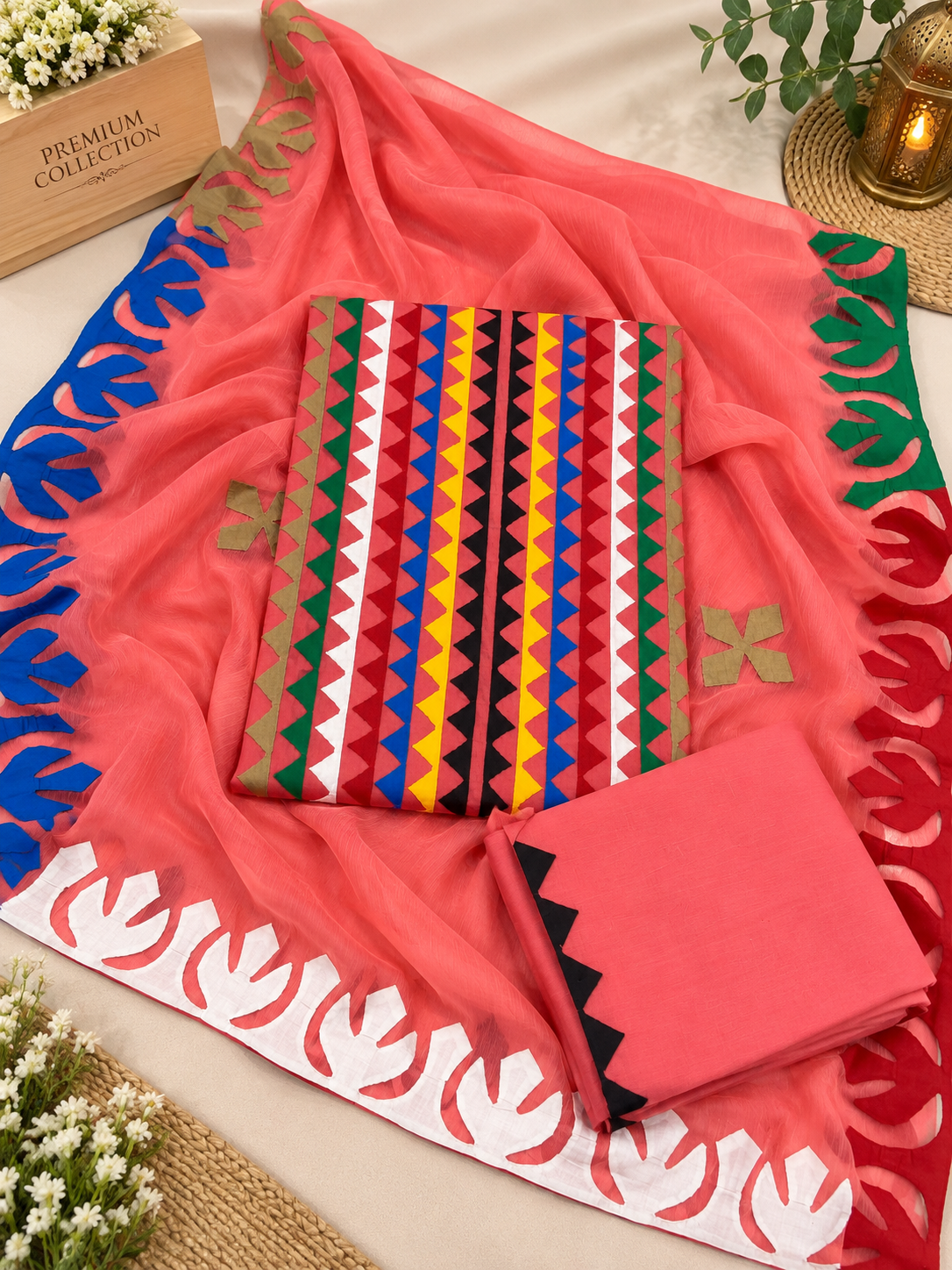 Applique Multi Zig Zag Front Panel Handmade Soft Cotton with Chiffon Dupatta - 3PC Unstitch Dress 👗