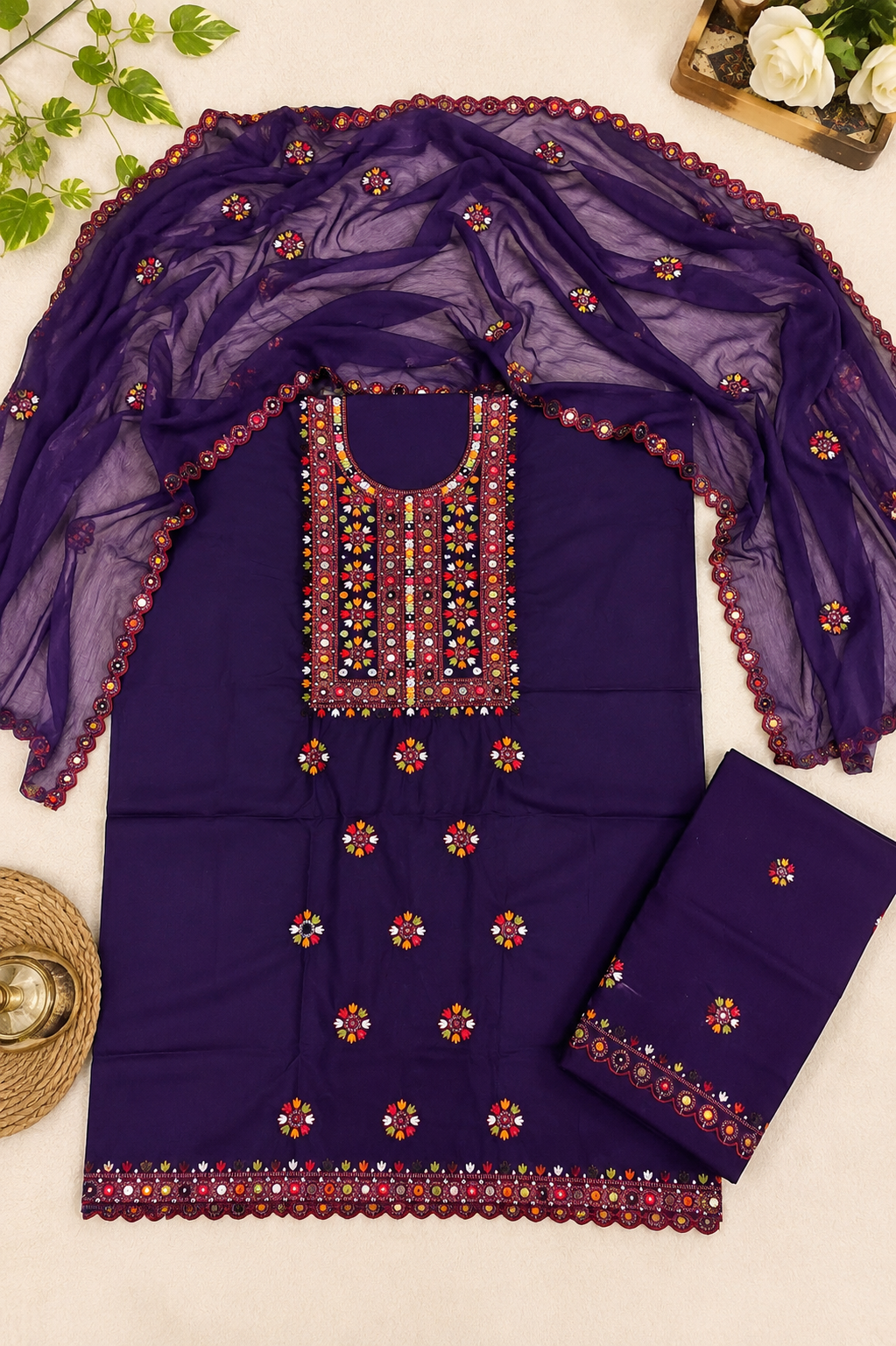 Multi Balochi Thick Thread Sitara Embroidered Soft Cotton with Cutwork Border Chiffon Dupatta - 3PC Unstitched Dress 👗