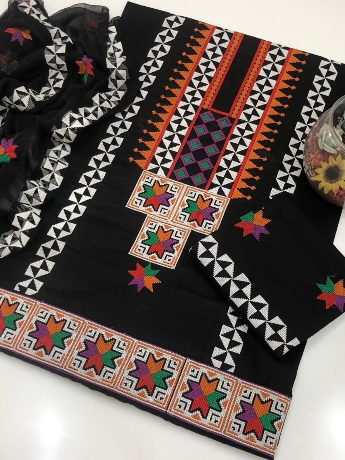 Black Ethnic Cross Stitch Computer Embroidered Lawn Cotton with Floral Embroidered Chiffon Dupatta - 3PC Unstitch Dress 👗