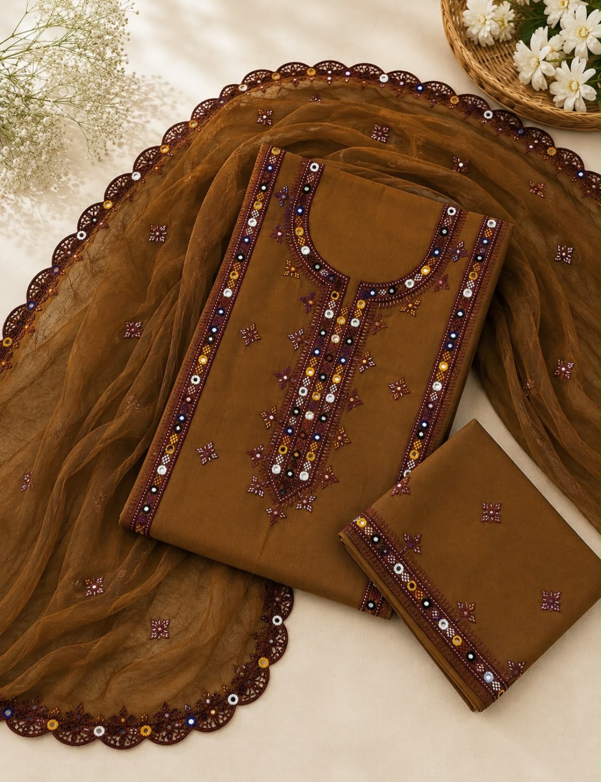 Balochi Thick Thread Embroidered Lawn Cotton with Two Side Cutwork Border Embroidered Dupatta - 3PC Unstitch Dress 👗