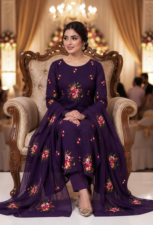 Cross Stitch Multi-Flower Embroidered Soft Cotton with Chiffon Dupatta - 3PC Unstitched Dress 👗