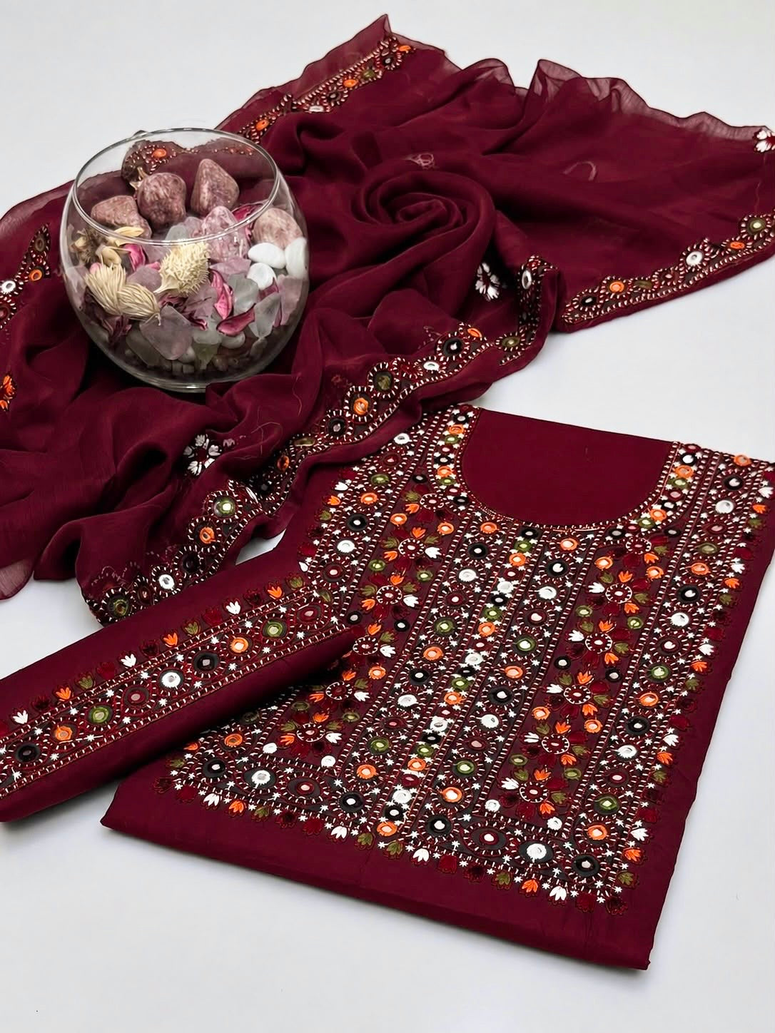 Balochi Multi Thick Thread 9MM Sitara Heavy Embroidered Soft Cotton with Chiffon Dupatta – 3PC Unstitched Dress