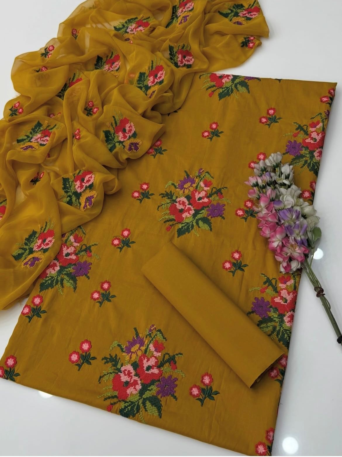 Multi Floral Cross Stitch Canvas Embroidered Lawn Cotton with Chiffon Dupatta - 3PC Unstitch Dress 👗