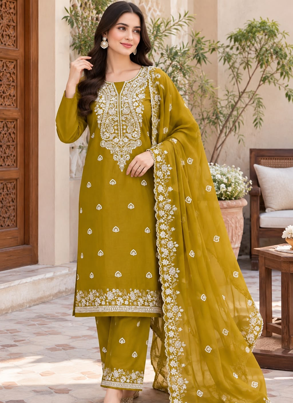 Kashmiri 3MM Sitara Embroidery Soft Cotton Fabric With Cutwork Border Chiffon Dupatta - 3PC Unstitched Dress 👗