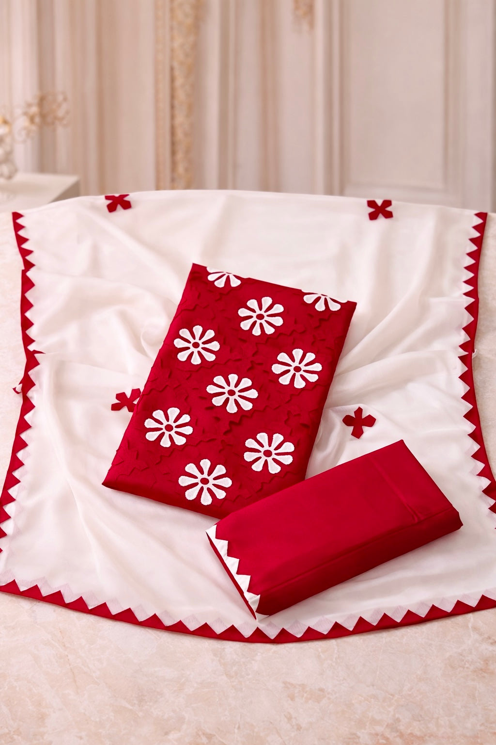 Handcrafted Soft Cotton Applique Work 3-Piece Unstitched Dress with Net Front Panel & Chiffon Dupatta