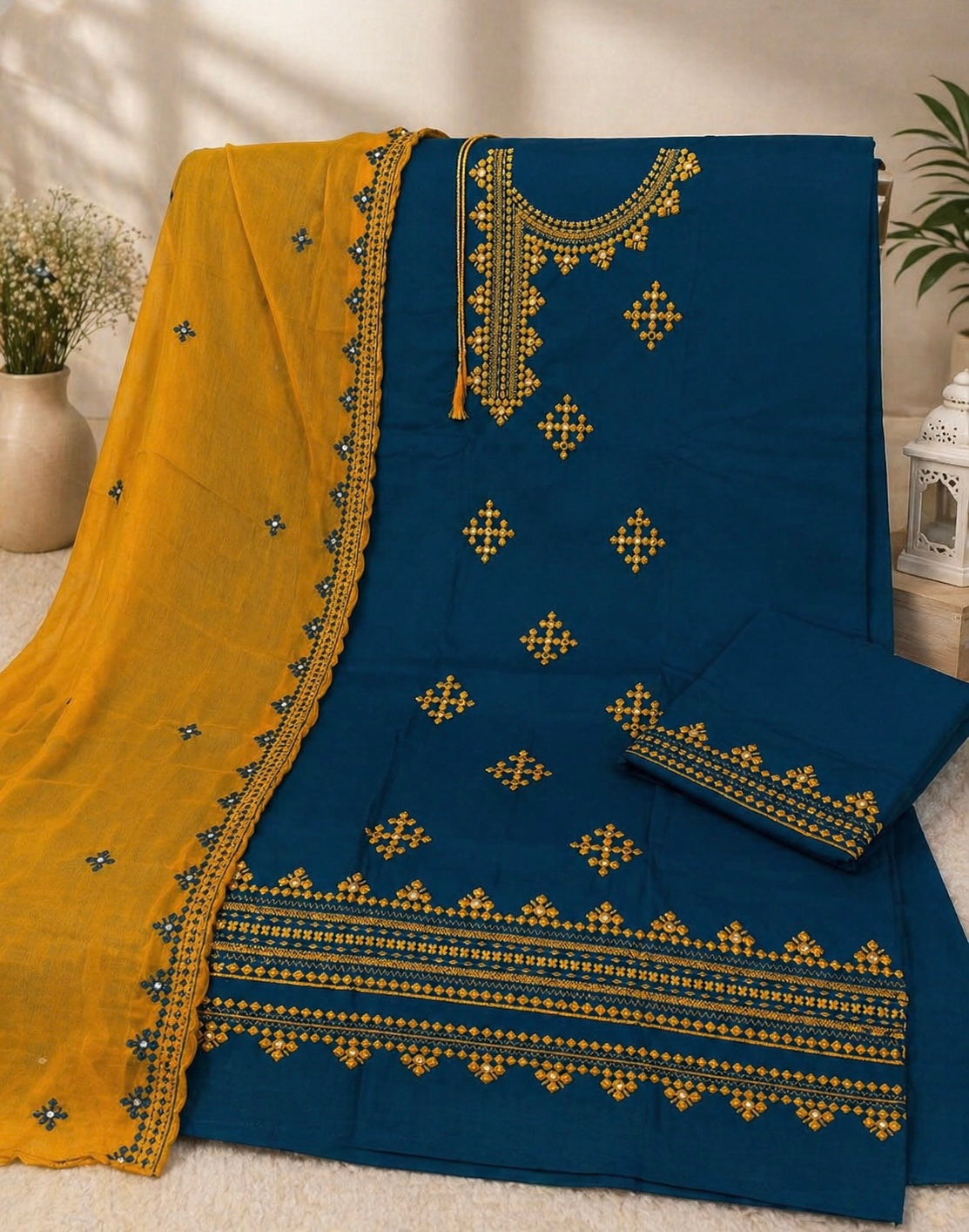 Angrakha Gala Style 9MM Sitara Embroidered Lawn Cotton with Contrast Chiffon Dupatta – 3PC Unstitch Dress 👗