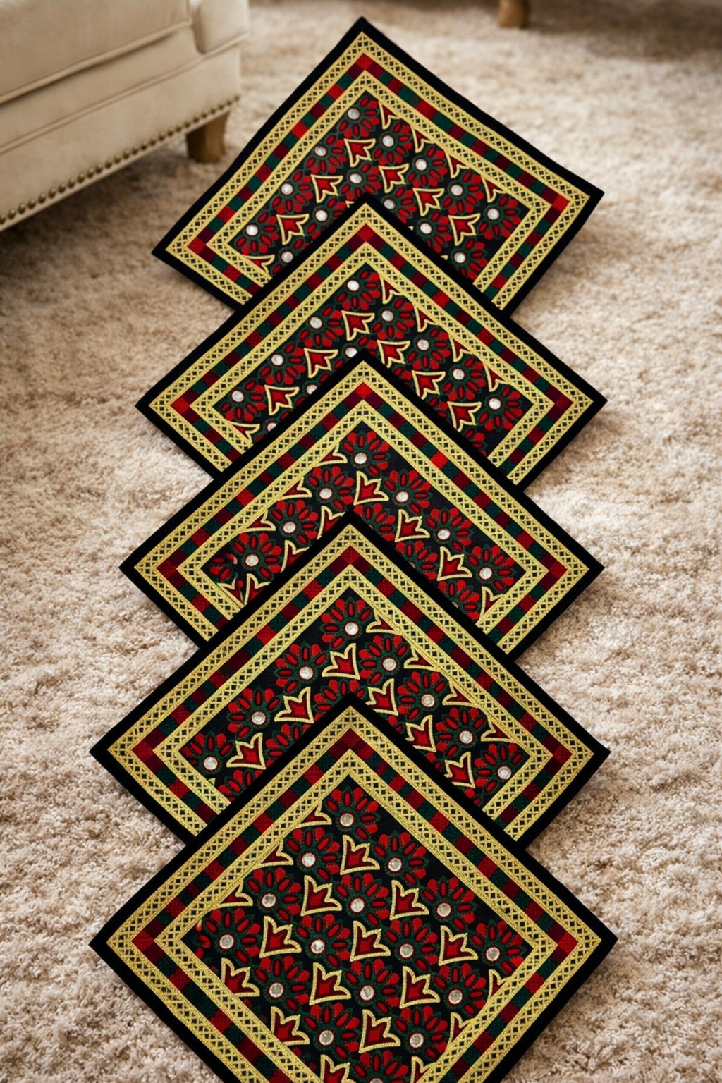 Traditional Embroidered Cushion Cover Set (5 Pieces) – 16x16 Inches