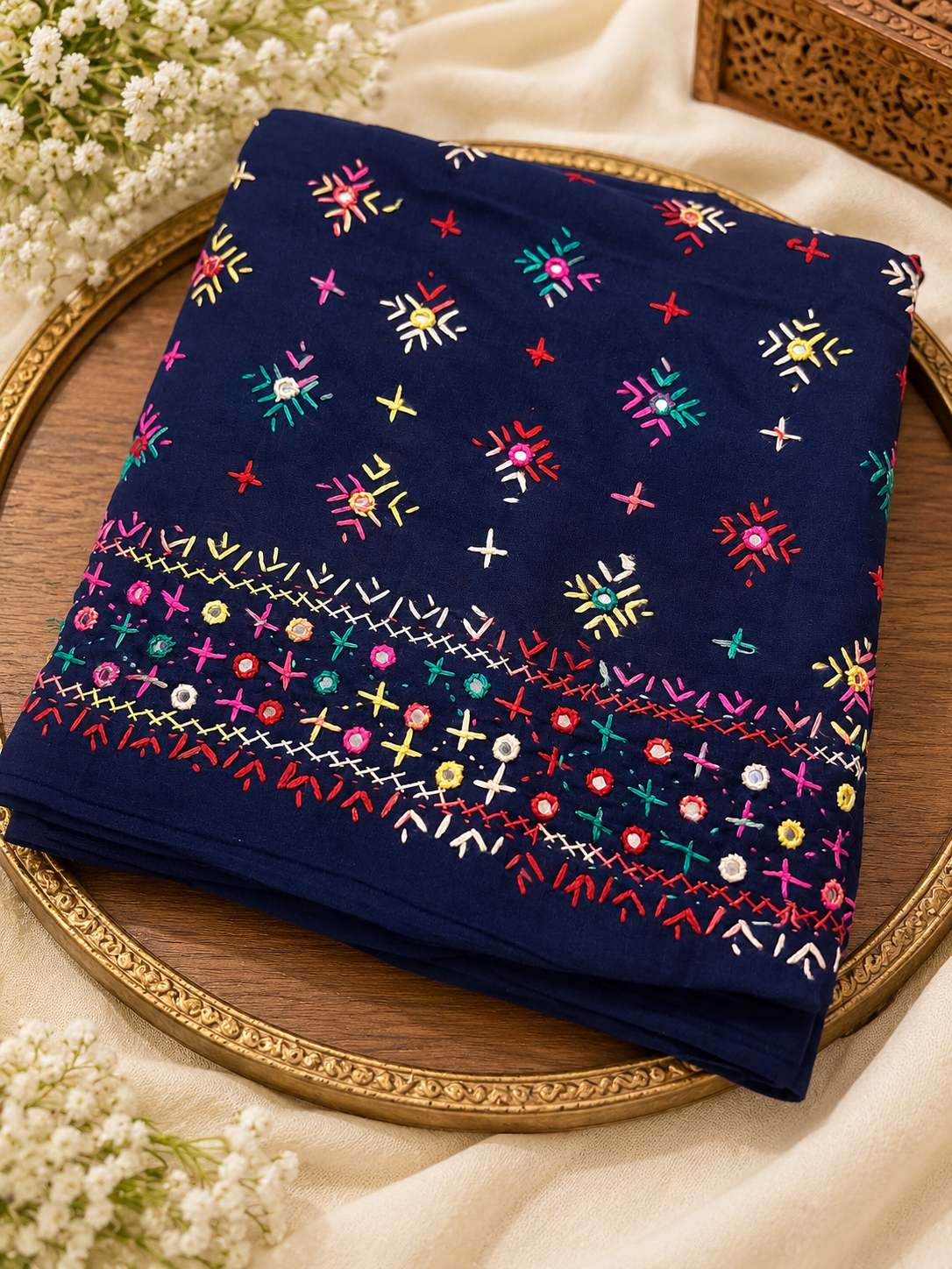 Swiss Lawn Fabric Handmade Original Mirror Work Full Jaal 4 Side Border Shawl for Women