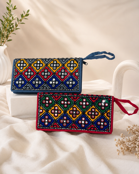 Traditional Multi-Aari Sitara Embroidered Mobile & Cash Clutches for Women (Pack of 2)