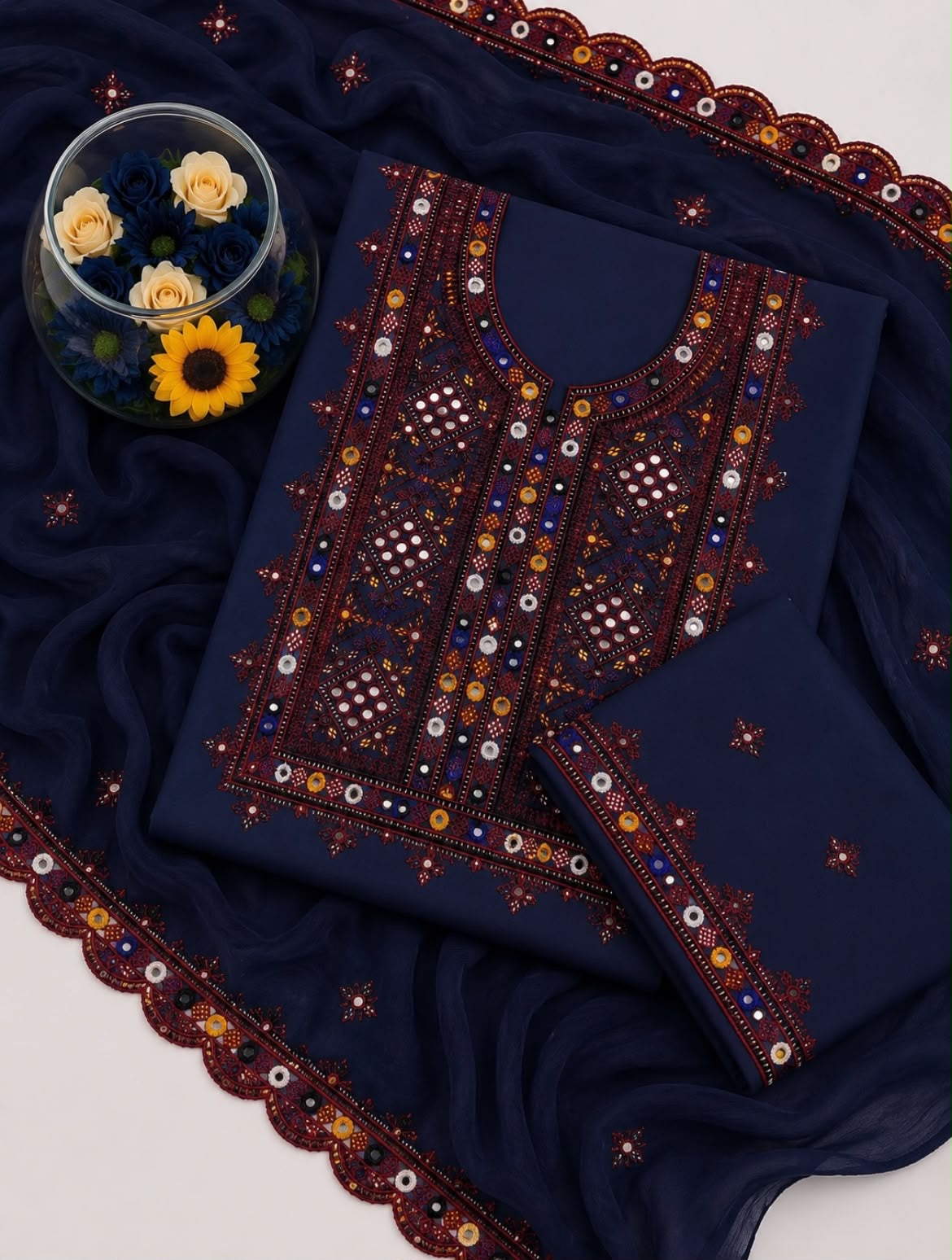 Balochi Thick Thread 9MM Sitara Work Machine Embroidered Soft Cotton with Two Side Cutwork Border Chiffon Dupatta - 3PC Unstitched Dress 👗