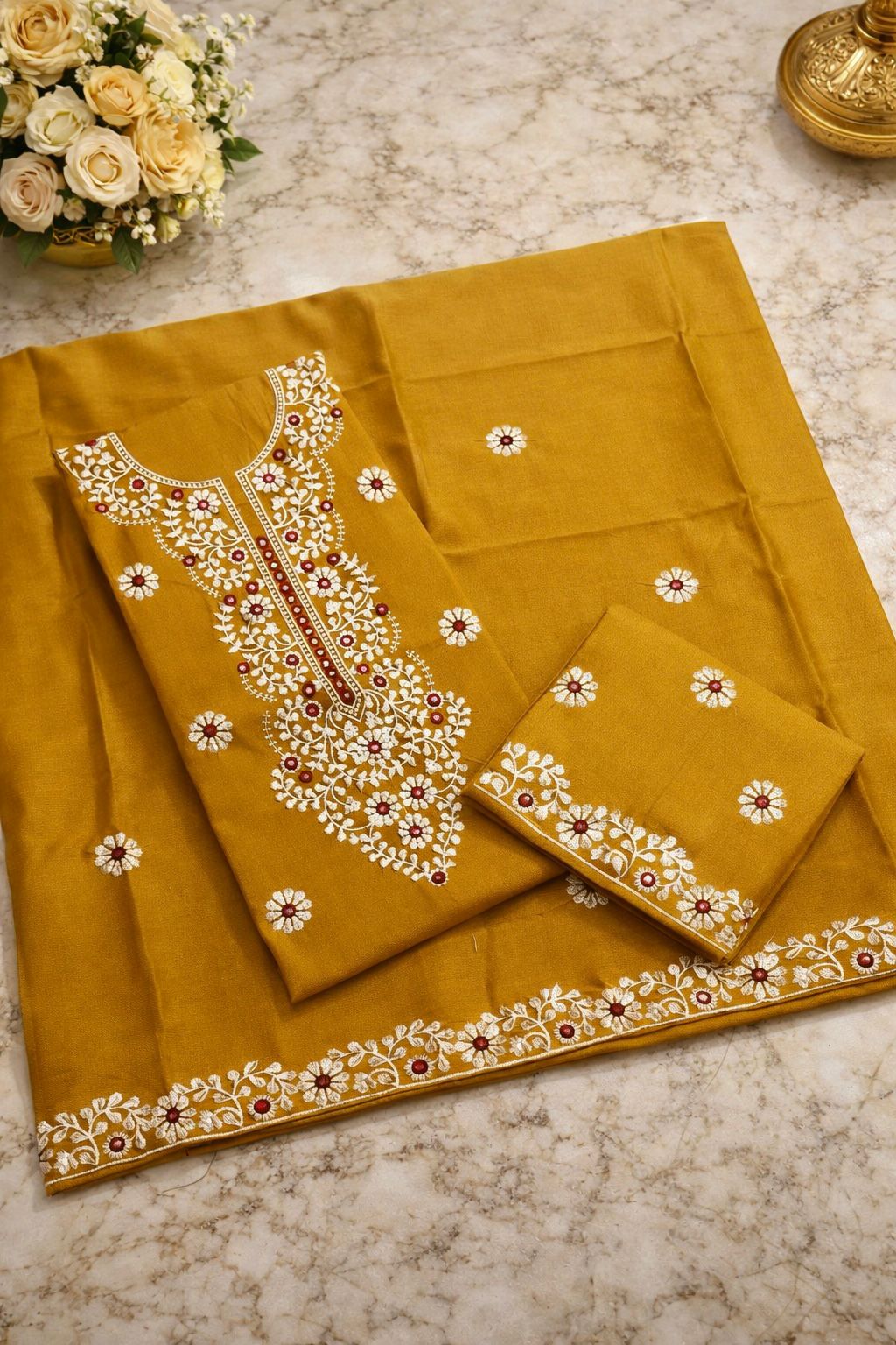 9MM Sitara Pakka Thread Work Embroidery Lawn Cotton Fabric - 3PC Unstitch Dress 👗