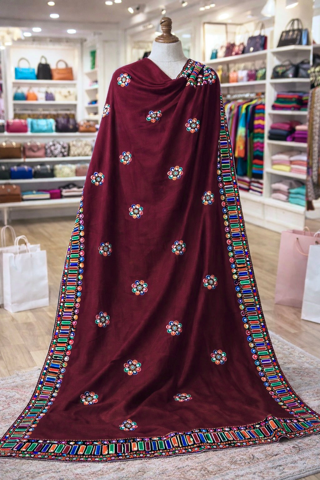 Premium Balochi Sequence Sitara Embroidered Shawl | Swiss Voile Fabric | 4-Side Border Work