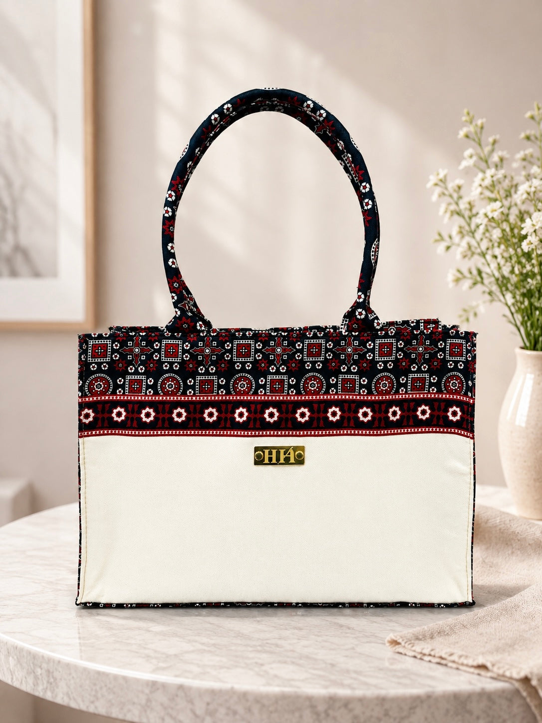 Premium Ajrak Canvas Tote Bag | Ethnic Handcrafted Look | Durable & Stylish Shoulder Bag