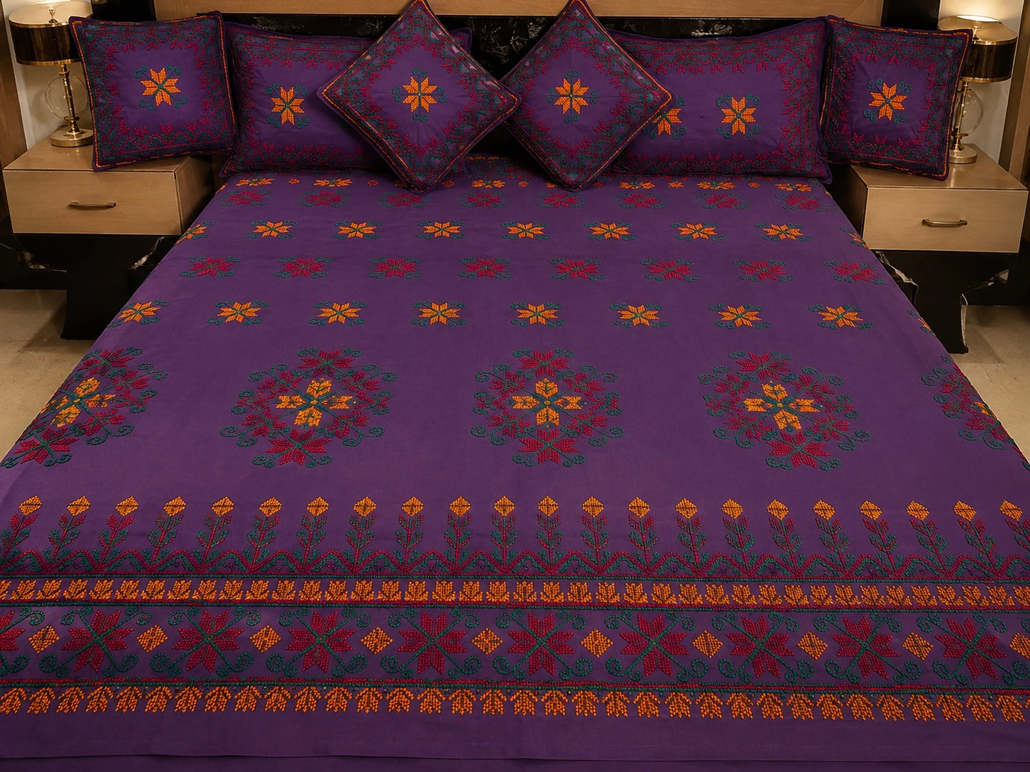 Sindhi Hurmcha Heavy Ari Embroidery 7-Piece Bridal Bedsheet Set – Soft Cotton Fabric | King Size