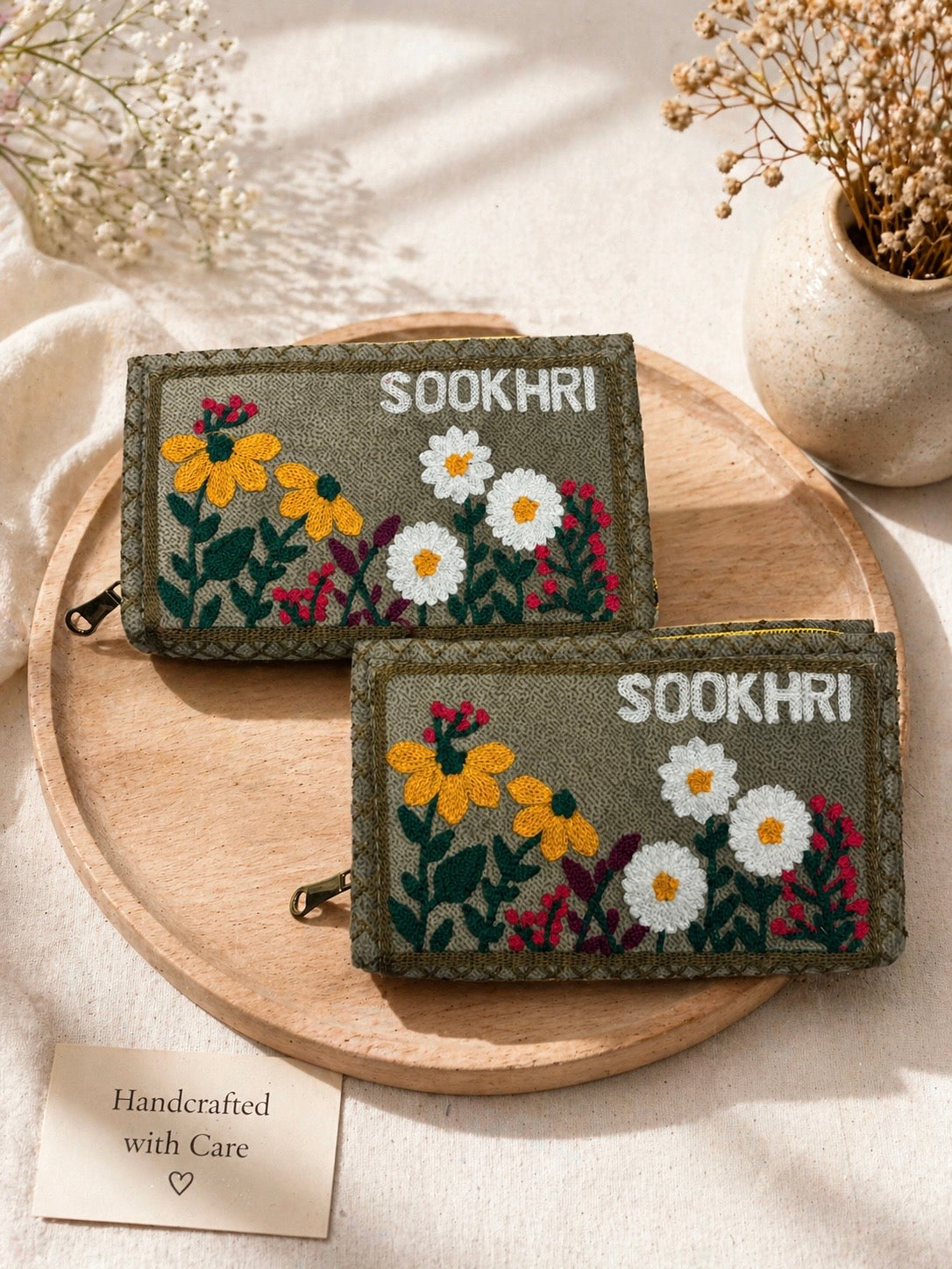 SOOKHRI Embroidered Velvet Clutch – Floral Zipper Wallet (Pair of 2)