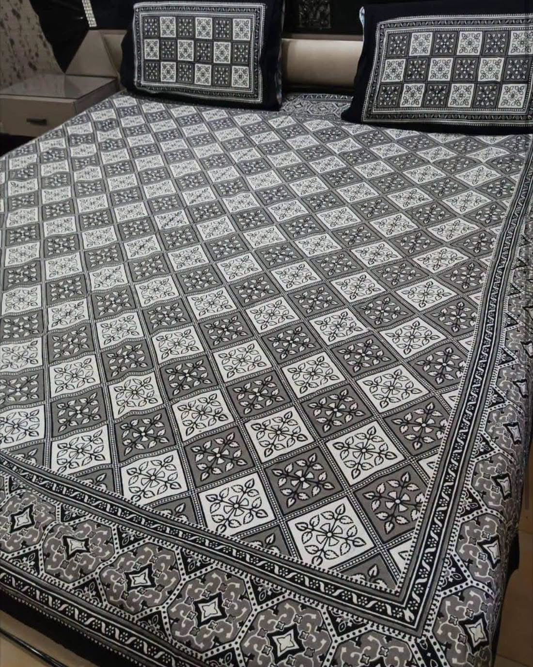 King Size Ajrak Block Hand Print Cotton Stuff Bedsheet Set with 2 Unstitched Pillow Covers