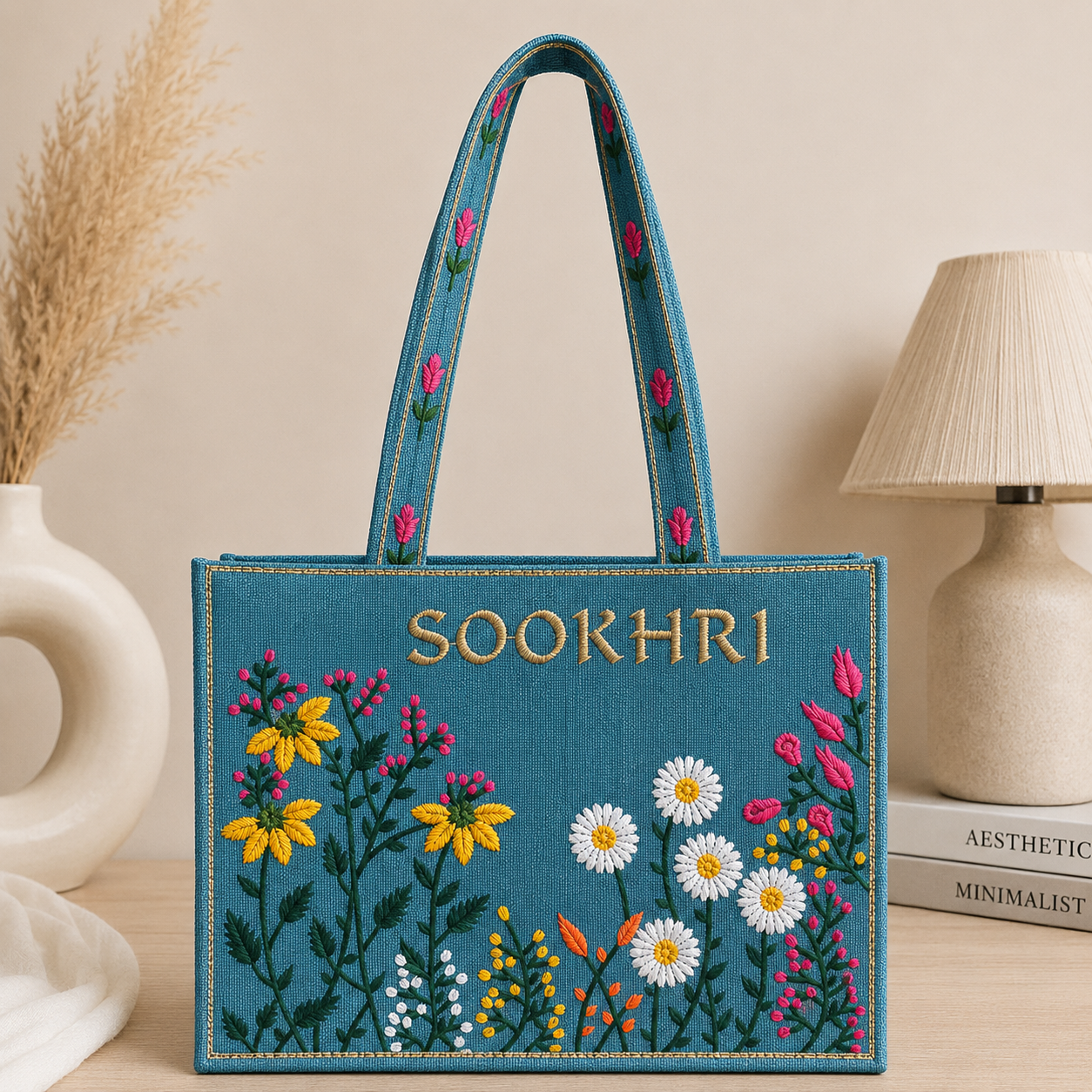Jute Fabric Computer Flower Embroiderd Tote Bag – (14 Inches Length | 11 inches Width)