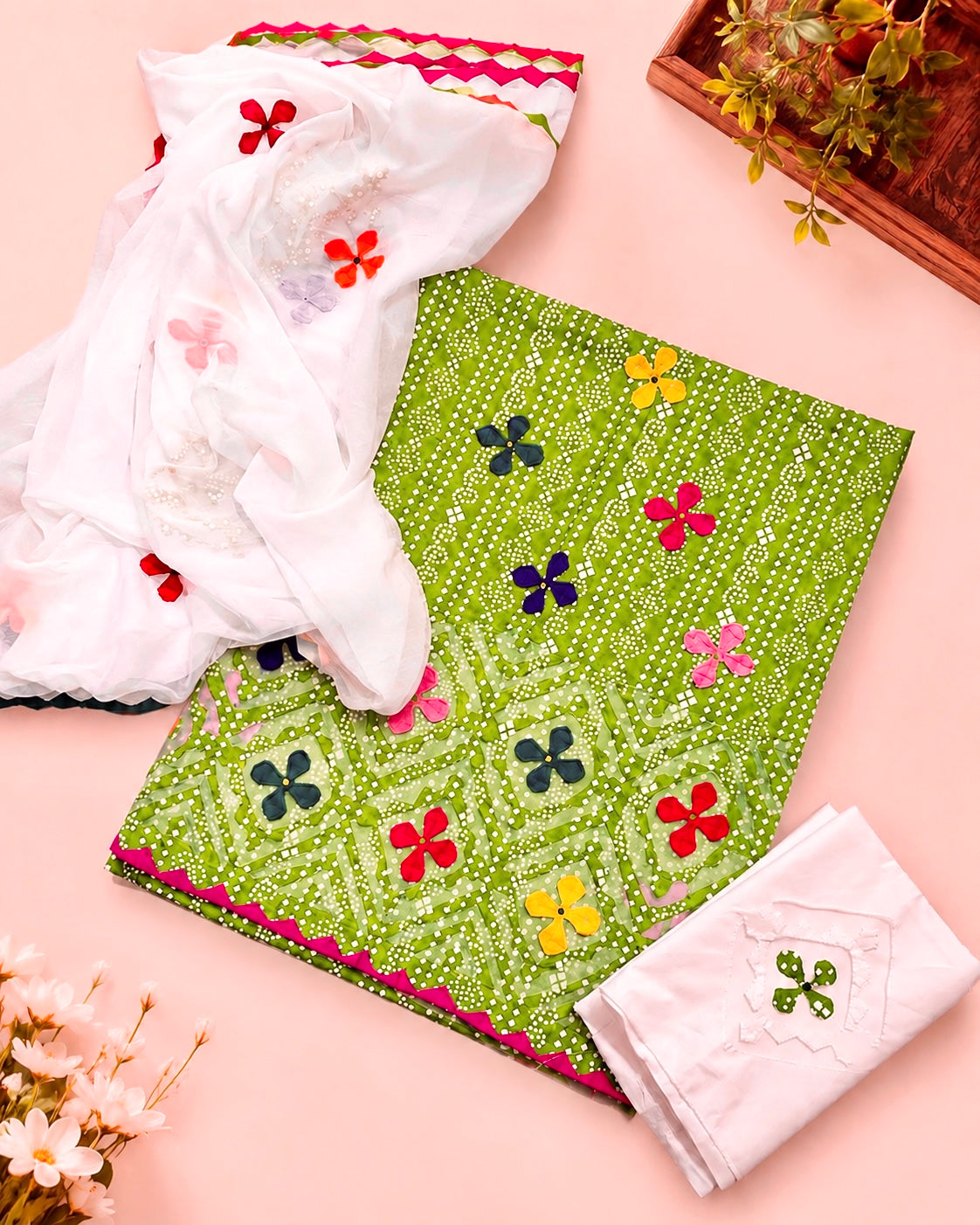 Lawn Cotton Chunri Print Multi Applic Work Handmade with Chiffon Applic Work Dupatta - 3PC Unstitch Dress 👗