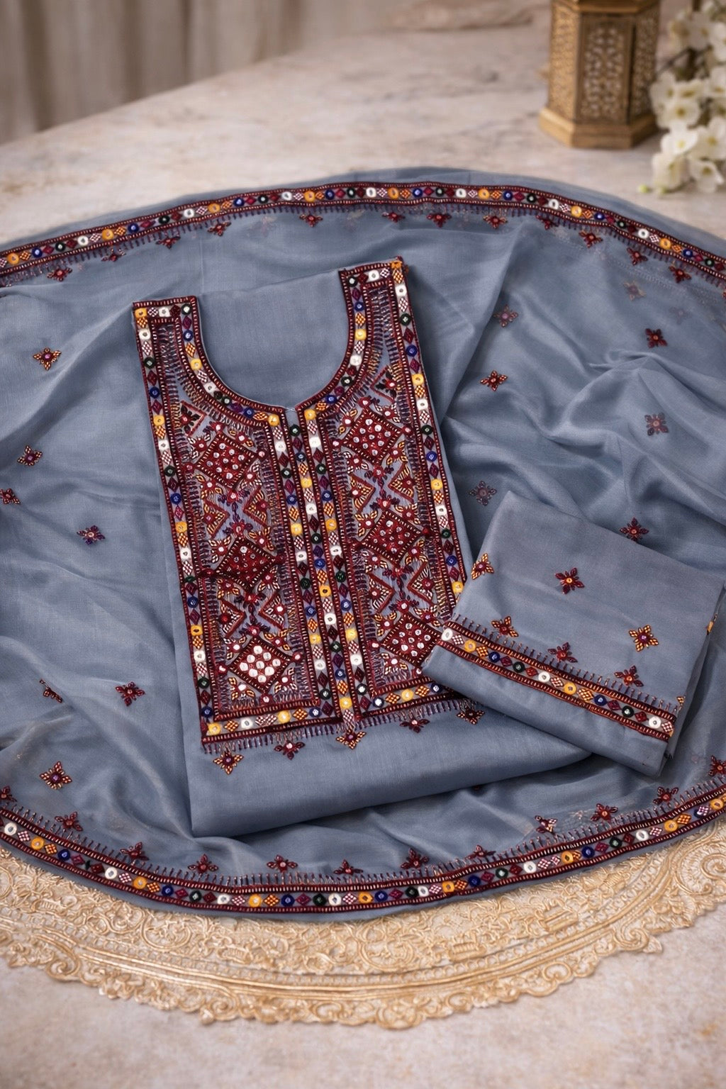 Balochi Thick Thread Sitara Embroidery Lawn Cotton With Chiffon Dupatta - 3PC Unstitch Dress 👗