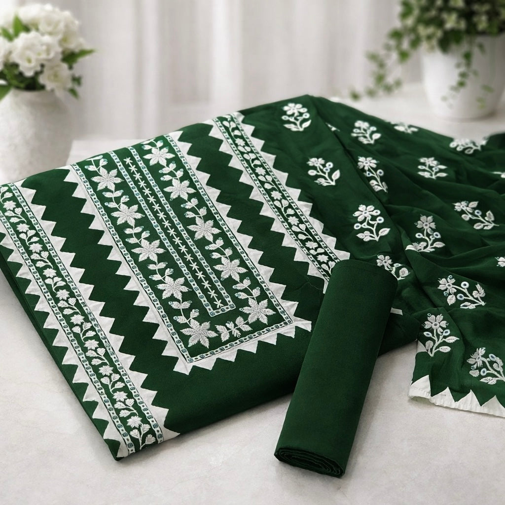 Elegant Handmade Applic Work Embroidery Lawn Cotton with Chiffon Dupatta - Unstitch 3PC Dress 👗