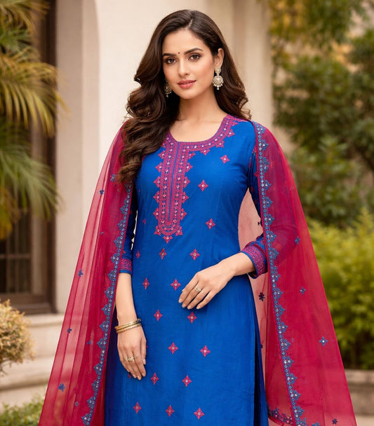 Soft Cotton Suit with 9mm Sitara Computer Embroidery & Contrast Chiffon Dupatta