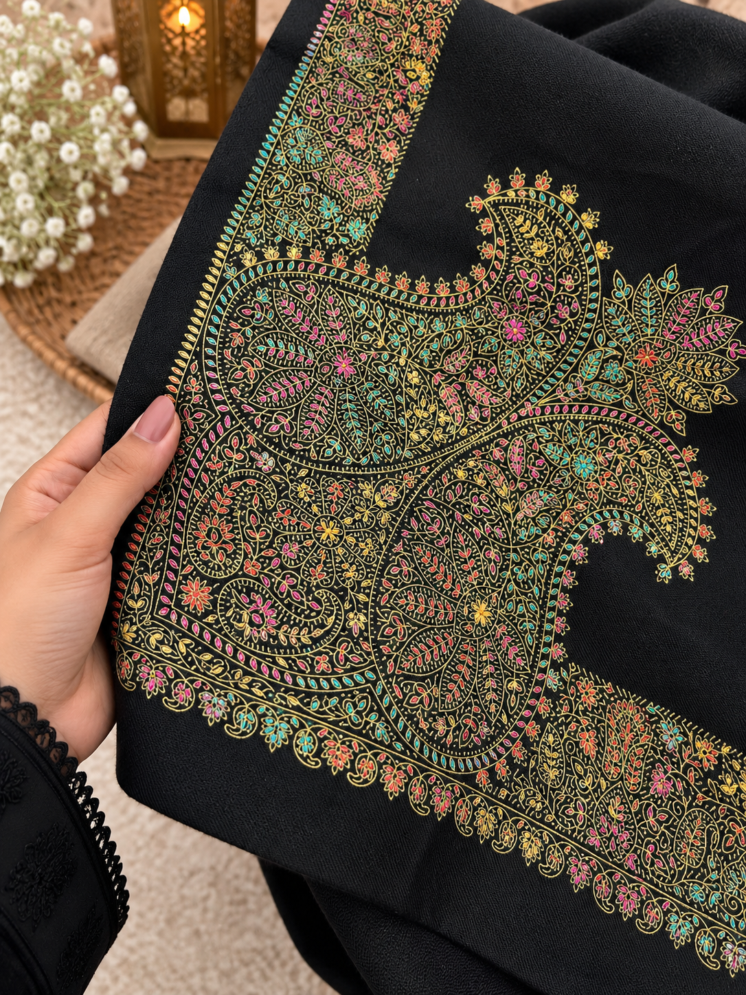 Original Pashmina Handmade Kachna Tanka Embroidery with Four Side Border - Shawl