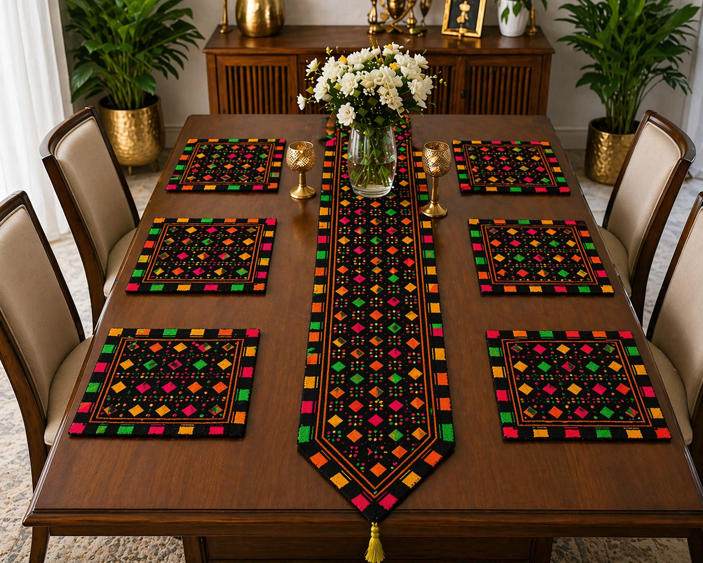 Dinning Table Embroidered Mats With Long Runner 7pc Set
