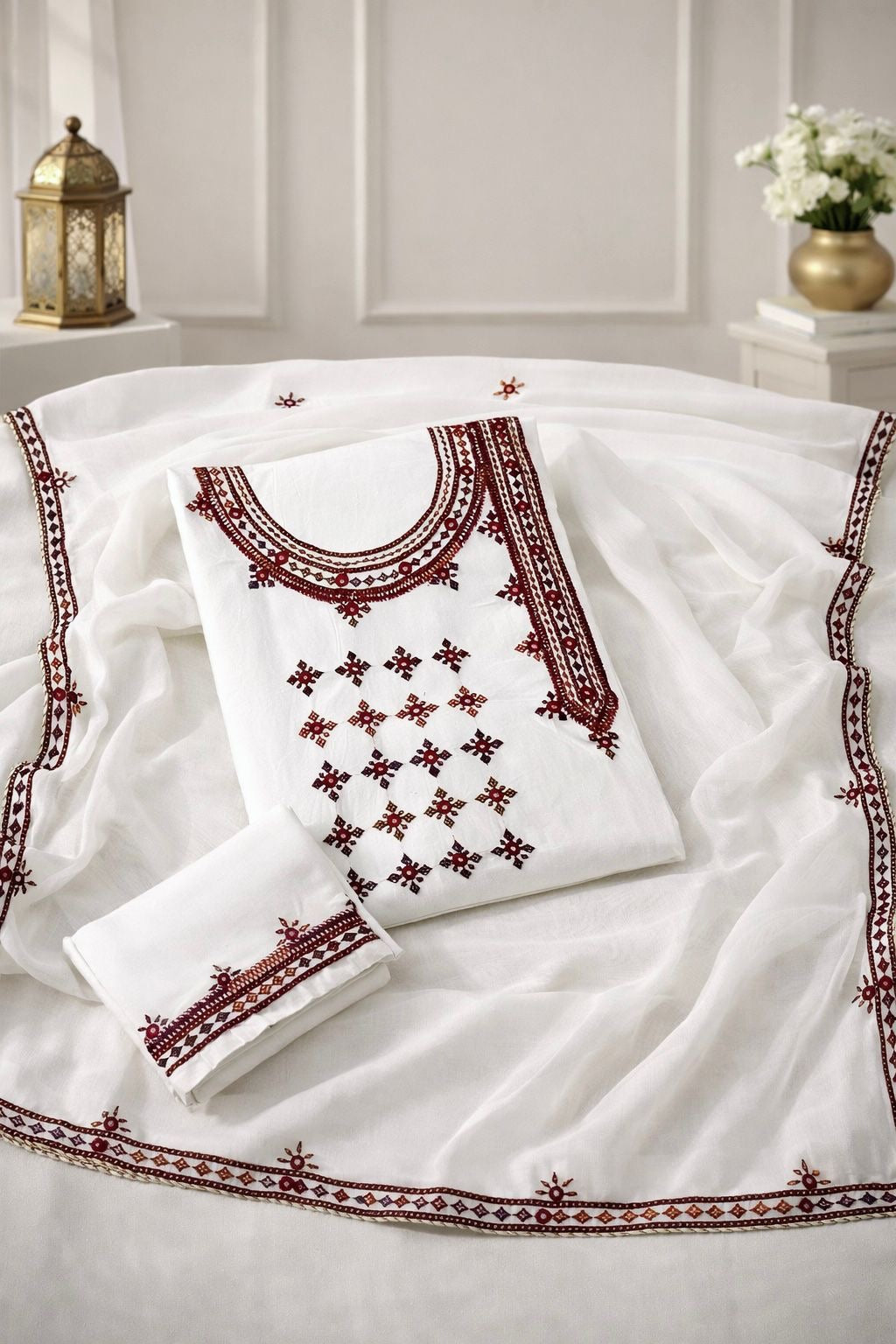 Angrakha Style Gala Balochi Handmade Original Mirror Work Lawn Cotton with Chiffon Dupatta - 3PC Unstitch Dress 👗
