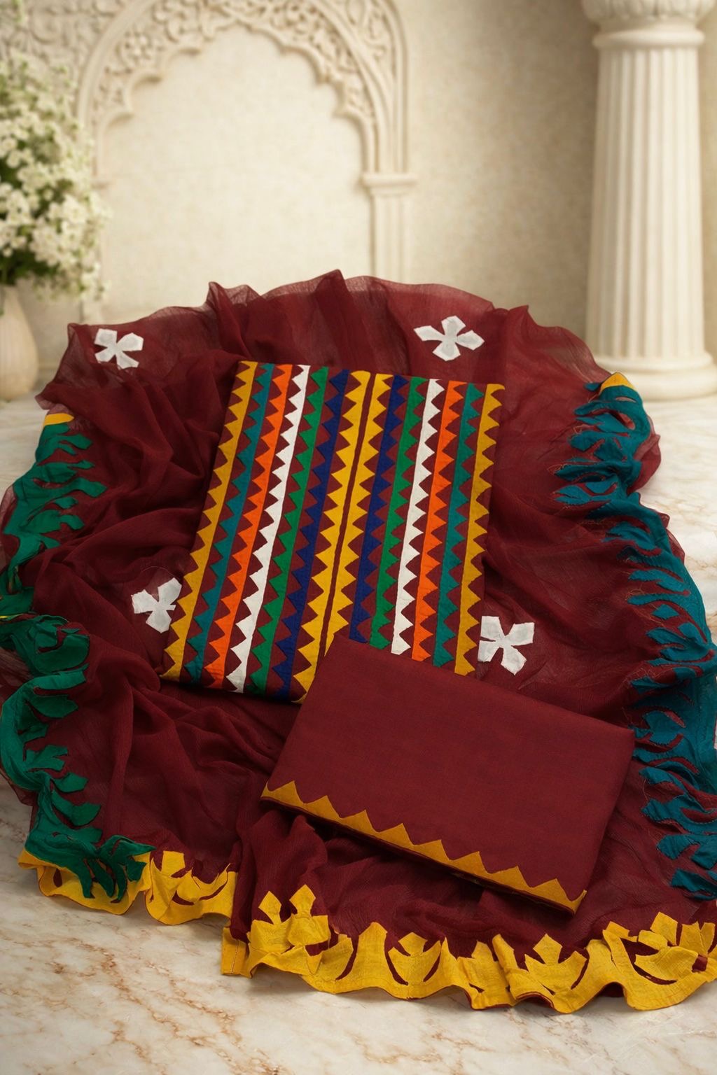 Multicolor Applique 3-Piece Dress – Soft Cotton with Chiffon Dupatta
