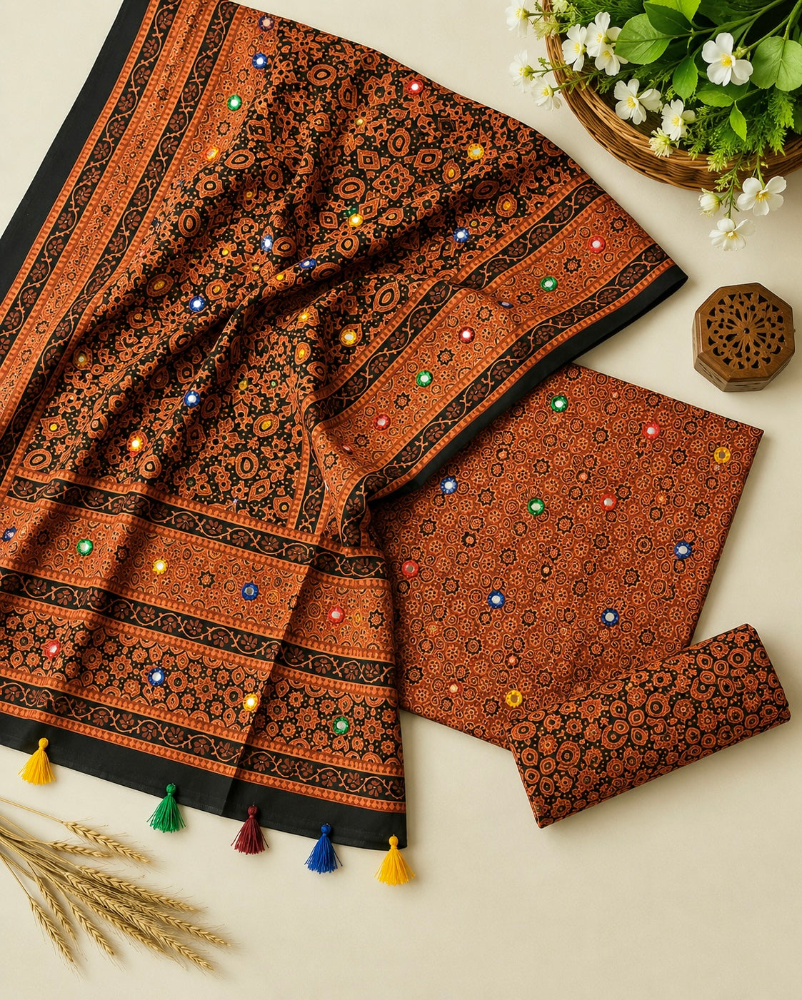 Ajrak Block Print Cotton 3-Piece Suit with Multi Sitara Foil Work – Hand-Dyed Traditional Elegance