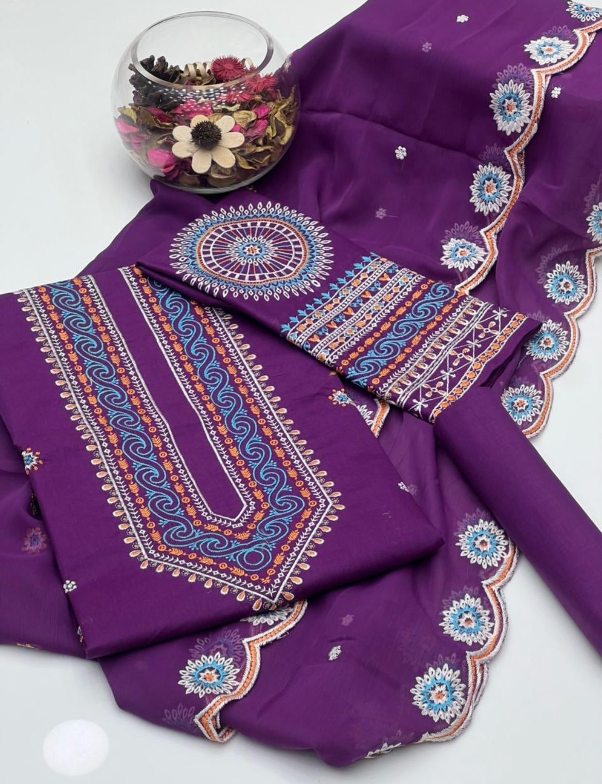 Luxury Lawn Cotton Embroidered 3 Piece Unstitched Suit with Cutwork Chiffon Dupatta