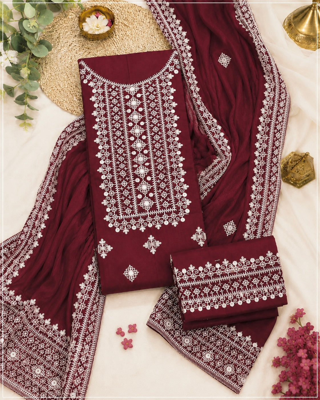Hurmucha Machine Work & Sitara Foil Detailing Embroidered Lawn Cotton with Chiffon Dupatta – 3PC Unstitch Dress 👗