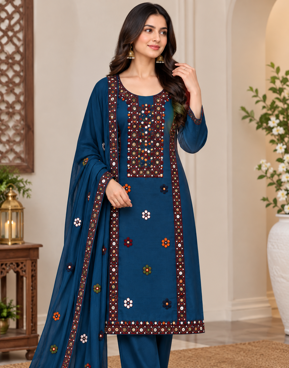 Balochi Multi Thick Thread & 9MM Sitara Heavy Embroidered Soft Cotton Shirt & Trouser with Chiffon Dupatta | 3PC Unstitched Dress 👗
