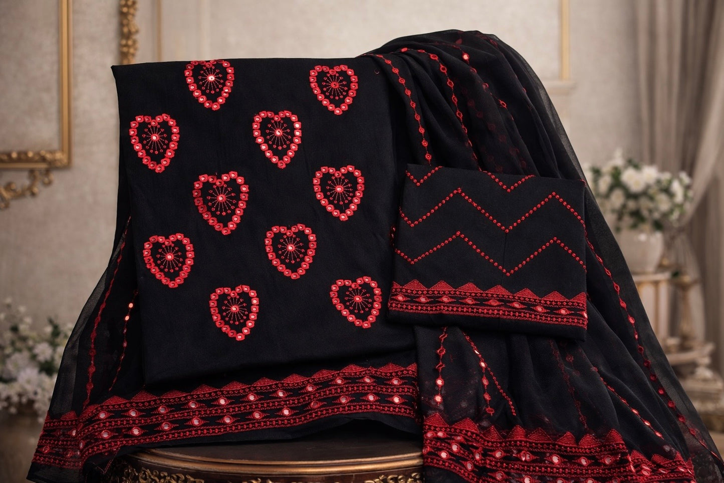 3-Piece Suit with 9mm Sitara Heart Embroidery | Lawn Cotton Shirt & Trouser with Fancy Chiffon Dupatta